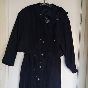 AB2 By Numina Trenchcoat Womens 14 Black Hooded Button-Up Silver Drawstring